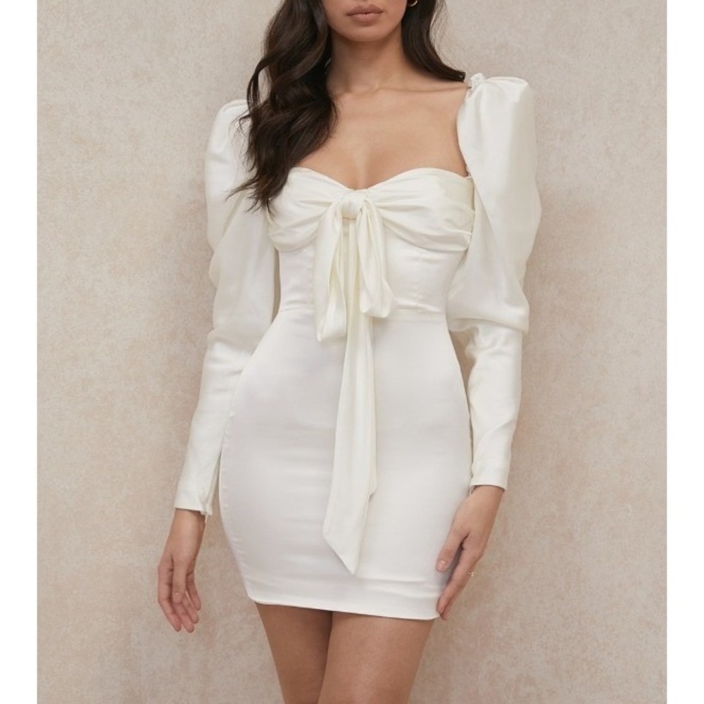 HOUSE OF CB Maia Satin Puff‎ Sleeve Mini Dress Ivory Women Size Medium Formal